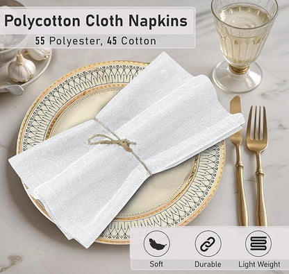 Ruvanti Cloth Napkins Set of 12, 18x18 Reusable Napkins Cloth Washable, Soft & Durable Table Napkin, Poly Cotton Fabric Dinner Napkins for Parties, Christmas, Thanksgiving, Weddings - White