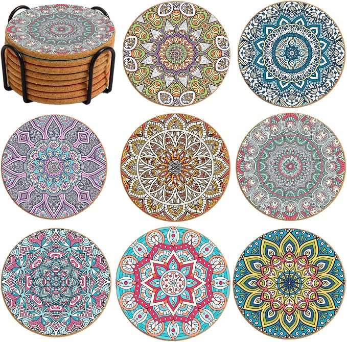 Cork Coasters Set of 8 with Holder, Colorful Cups Coasters by Puluole