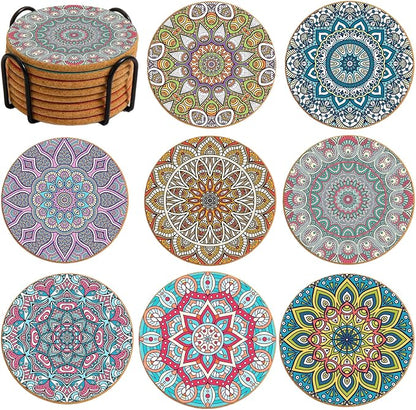Cork Coasters Set of 8 with Holder, Colorful Cups Coasters by Puluole