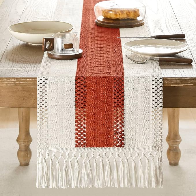 Macrame Style Bicolor Stitching Table Runner 14x36in Orange | Woven Boho Table - Image 2