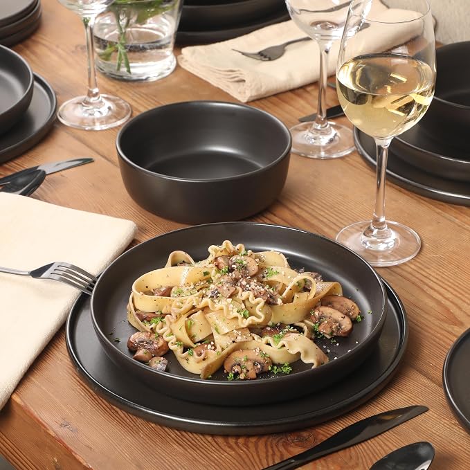Gibson Elite Bayou Moon Plates and Bowls Sets, 16-Piece Black Matte Stoneware - Image 6