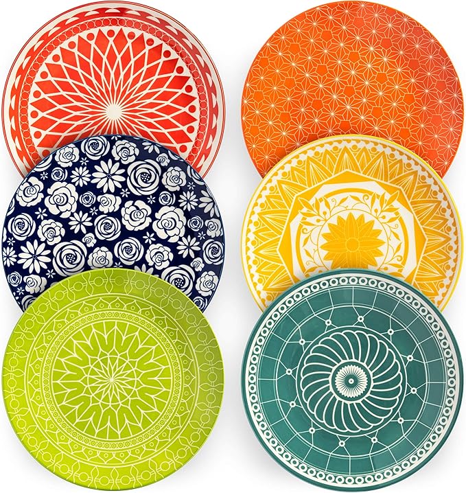 Dinner Plates - Mismatched Colorful Dinnerware Set of 6 - Fun Decorative Cute by Annovero