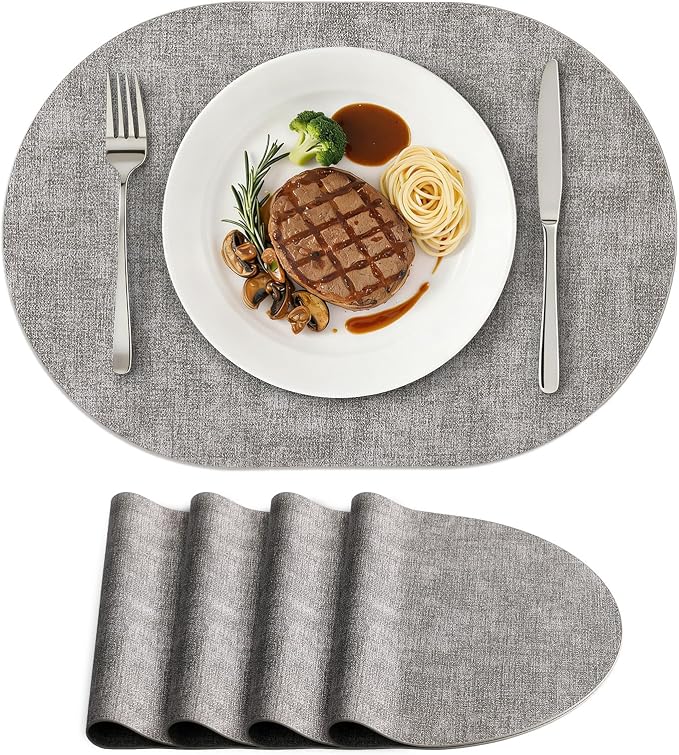 Placemats Set of 4, 11.8 x 17 Inch, Light Grey | Heat Resistant Oval Faux by homing