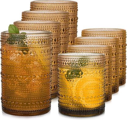 Amber Hobnail Drinking Glasses Set of 8, 15 oz Vintage Highball Glassess & 12 by JPPSUJJ