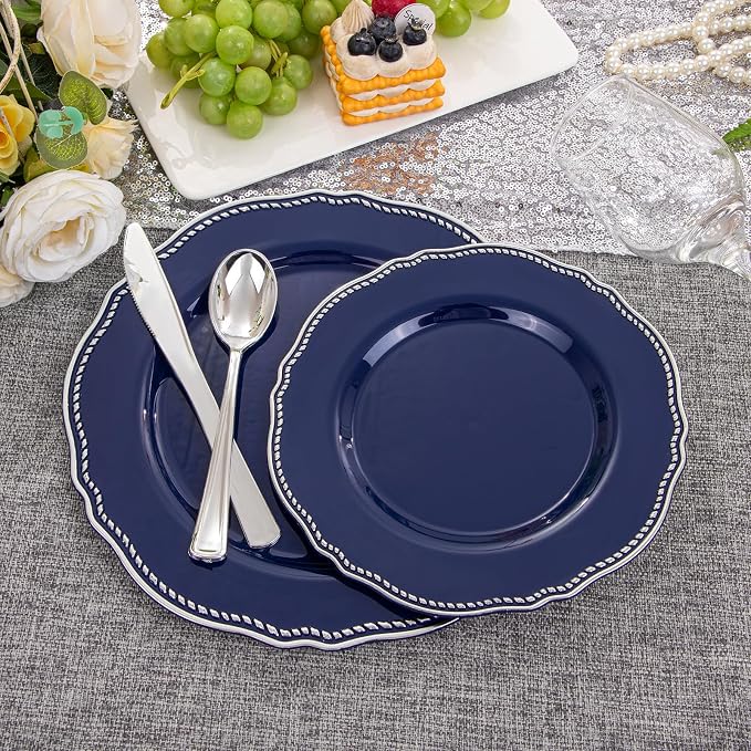60 Pcs Blue Silver Dinner Plates - Image 8