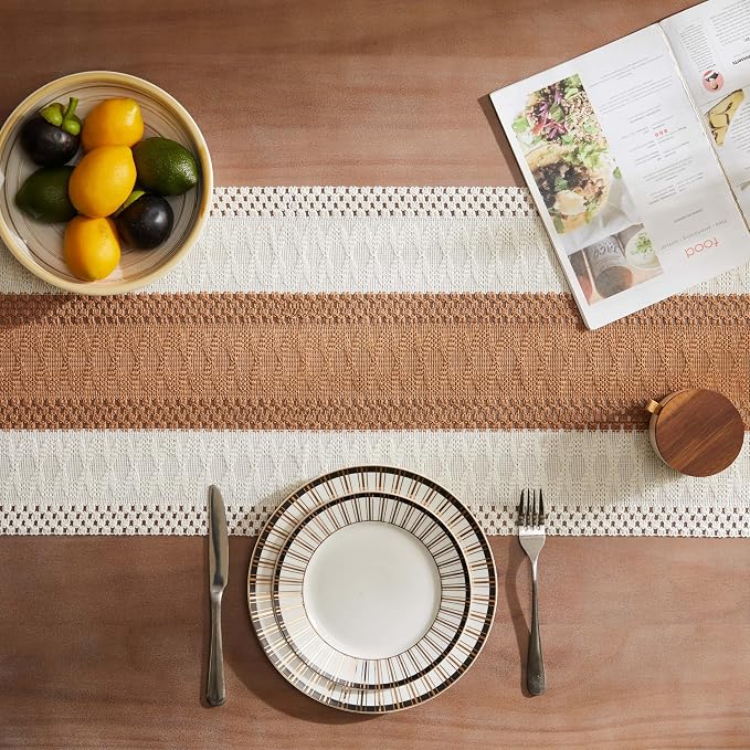 Macrame Style Bicolor Stitching Table Runner 14x90in Caramel | Woven Boho Table - Image 4