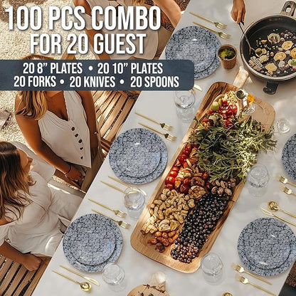 Trendables Fancy Plastic Dinnerware Sets 100 Pc 20 Guests Gold Silverware Disposable 20 X 10 Inch Charger Plates 20 X 8 Inch Dessert Plates 20 x Gold Plastic Forks and Spoons Knives In Garden Damask