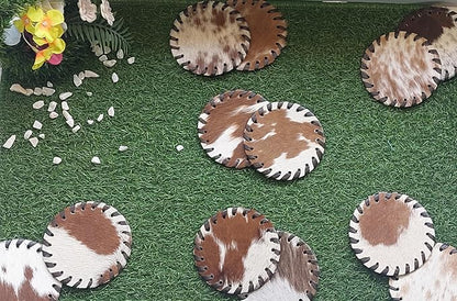 Cowhide Coasters Set of 6 pcs Round Natural Cowhides Drink Pads Hair On Genuine - Image 5