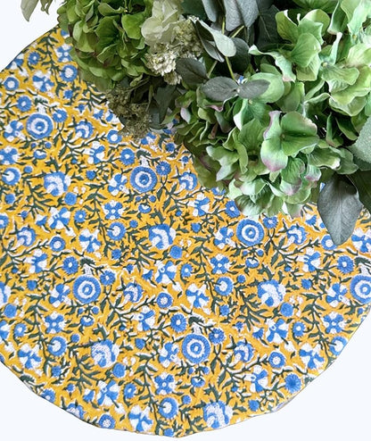 ATOSII Marigold Blue100% Cotton Round Tablecloth, Block Print Floral Table Cloth for Dining, Parties, Weddings, Outdoors, Holidays I 72" Inches, 4 Seater I Grandmillennial Farmhouse Spring Summer Boho