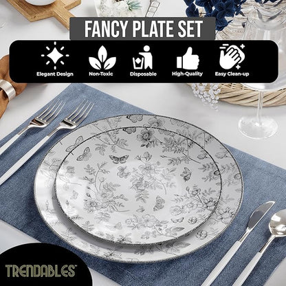 Trendables Disposable Plates For Party Supplies | Black Floral Plastic Plates For Wedding 80 Pcs - 40 X 8 & 40 X 10 Dinner Plate Sets | Floral Plate Set Disposable Plastic Dinnerware Sets