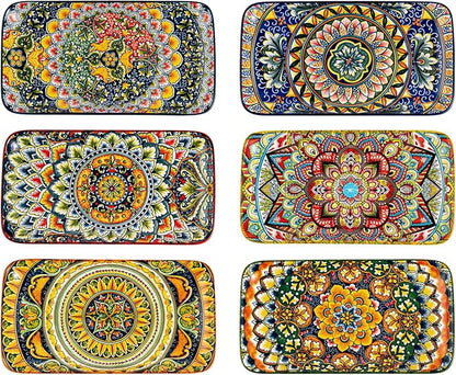 Henten Home Porcelain 10 Inch Dinner Plates, Ceramic Rectangular Salad Plate Set of 6, Bohemian Serving Dishes for Sushi, Pasta, Appetizer, Microwave & Dishwasher Safe
