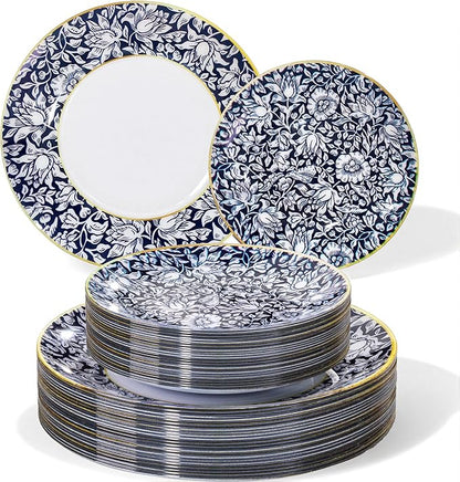 Hioasis 60pcs Plastic Disposable Plates Set - Blue & White Floral Pattern with Gold Rim, 10.25 Dinner & 7.5 Dessert Plates for Wedding,Anniversary,Party and Holiday