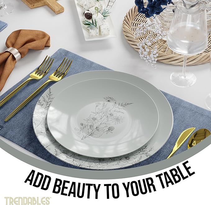 Trendables Disposable Dinnerware Decorative Plates Plastic Disposable Plates Set For 40 Guests 40 x 8 Inch Dessert Plate & 40 x 10 Inch Wedding Party Plate Set Dandelion Bloom
