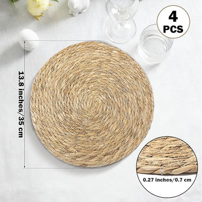 Elcoho 4 Pieces Round Woven Placemats 13.8 Inch Boho Rattan Placemats Farmhouse Braided Place Mats Woven Plate Chargers Rustic Wicker Table Mats for Dining Table
