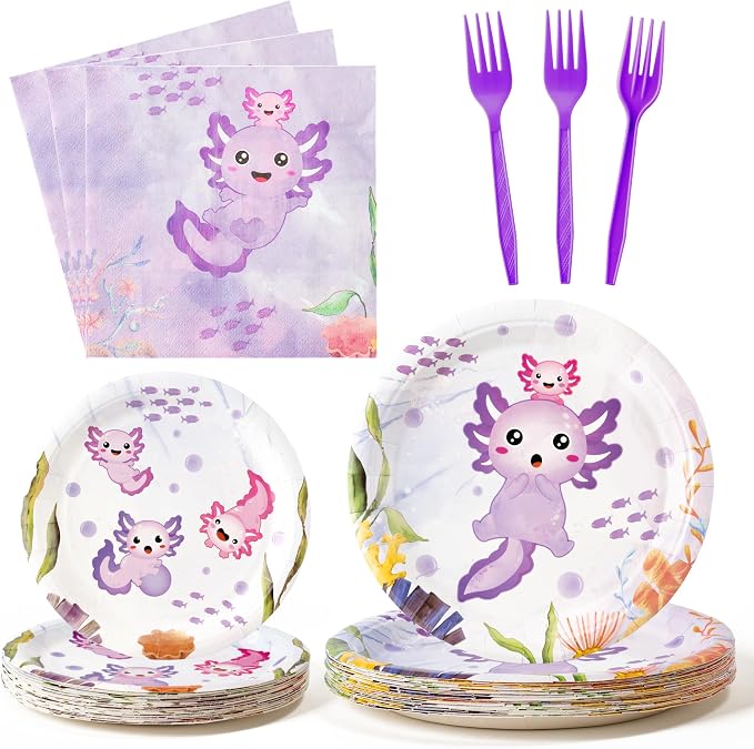 96Pcs Purple Axolotl Cute Cartoon Animals Party Plates Supplies Tableware by G1ngtar