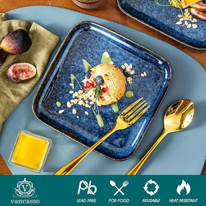 vancasso Stern Square Dinner Plates Set of 4, 7.5 Inch Dessert Plates, Reactive Change Glaze Blue Serving Pasta Salad Plate Dish, Scratch Resistant