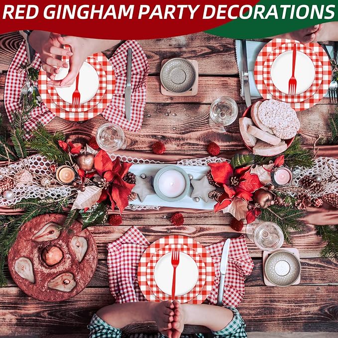 100 Pcs Red White Gingham Party Supplies Set, Serves 25 – Disposable Checkered - Image 5