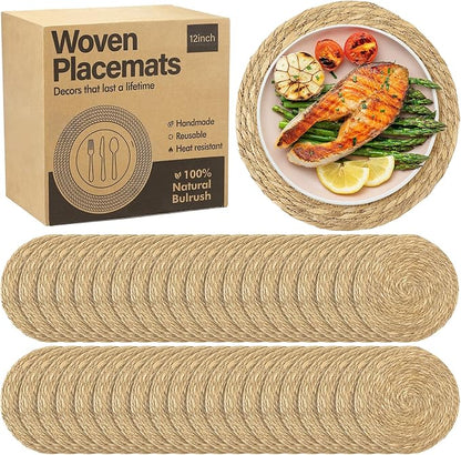 Elcoho 40 Pieces Round Woven Placemats 12 Inch Boho Rattan Placemats Farmhouse Braided Place Mats Woven Plate Chargers Rustic Wicker Table Mats for Dining Table