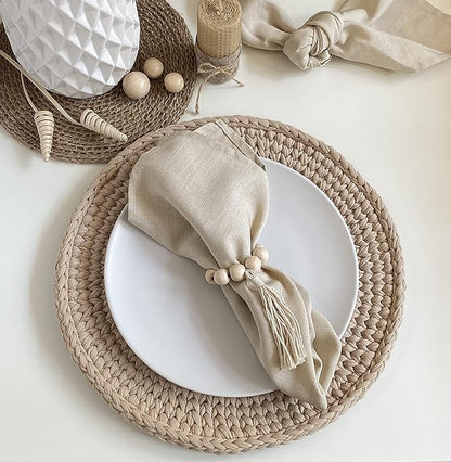 Handmade Napkin Ring with Wood Beads & Jute Twine - Affordable Rustic Wooden Napkin Ring Holder for Table Decoration | Boho Style Farmhouse Napkin Rings | Napkin Rings Set of 6