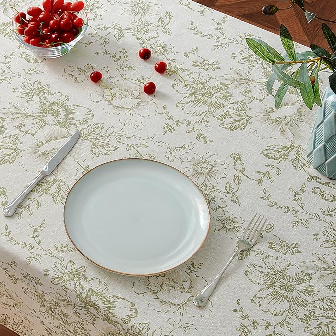 jinchan Green Floral Linen Blend Rectangle Table Cloth 52 x 70 Inch | Elegant - Image 4