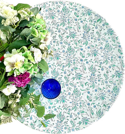 ATOSII Aster Blue 100% Cotton Round Tablecloth, Handblock Print Floral Table Cloth for Kitchen Dining Linen I Parties, Weddings, Outdoors, Easter, Spring Summer Decor I 90" Inches Round
