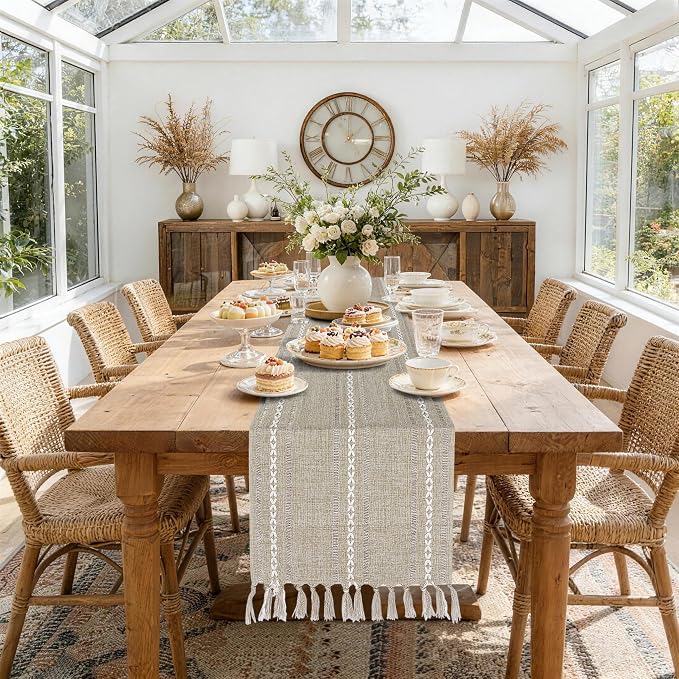 Boho Table Runner 15 x 72 inches Long, Neutral Farmhouse Dresser Runners Cover by TIOSGGD