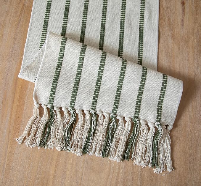 Caflife Boho Table Runner 108 Inchs Long Green and Beige, Cotton and Linen Woven - Image 7