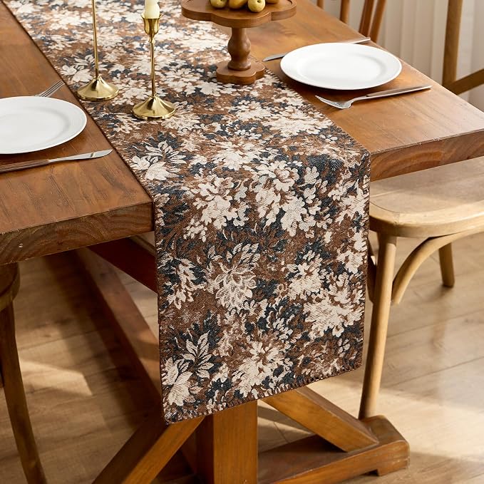 ORTIGIA Vintage Floral Table Runner, Boho Chenille Coffee Brown Farmhouse - Image 4