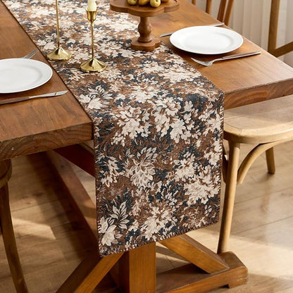 ORTIGIA Vintage Floral Table Runner, Boho Chenille Coffee Brown Farmhouse - Image 4