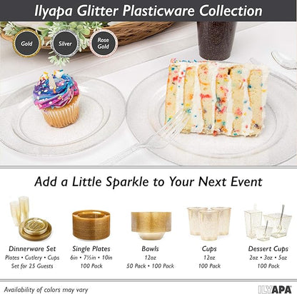 Ilyapa 100 Pack 12 ounce Silver Plastic Bowls, 12 oz Heavy Duty Disposable Plastic Bowls, 12oz Salad, Soup and Dessert Bowl, Wedding, Party Brunch, Silver Glitter