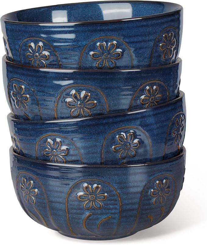 Soup Bowls 32 OZ, Cereal Bowls Set of 4, Embossment Ceramic Ramen Bowl by Artena