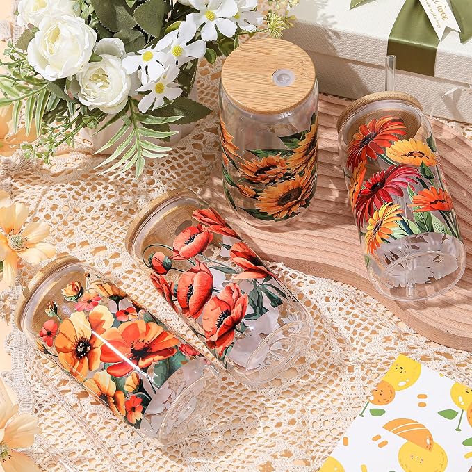 Mumufy 4 Pack Wildflower Glass Cups Gift Aesthetic Cute Glass Cup Tumbler - Image 5