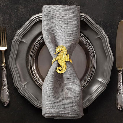 Decozen Set of 8 Gold Napkin Rings in Sea Horse Design, Festive, Table Decor Setting for Holiday, Wedding, Birthday, Kitchen, Home Decor, Housewarming Gift - Mothers Day Decorations