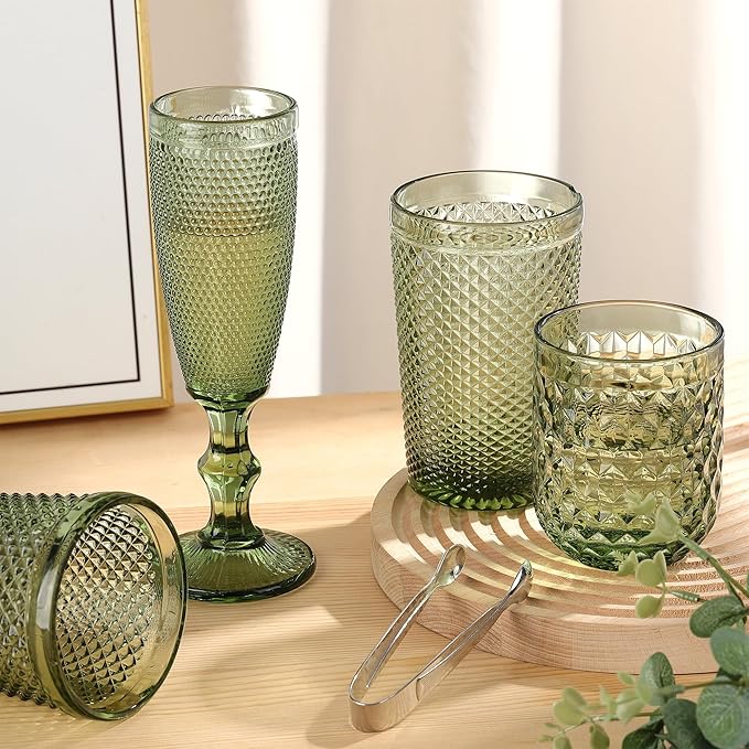 Joeyan Green Vintage Champagne Flutes Glasses Cups,Embossed Colored Toasting Goblet Glasses,Stemmed Hobnail Beaded Glassware for Wedding Anniversary Birthday Party,5 oz,Set of 4,Dishwasher Safe