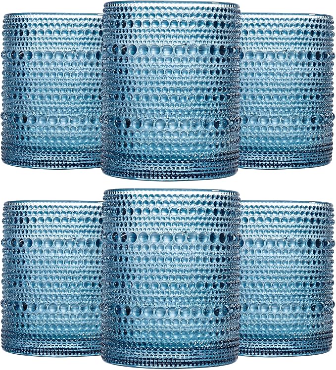 JOVGANK Blue Vintage Hobnail Drinking Glasses Set of 6, Embossed Water Tumbler by JOVGANK