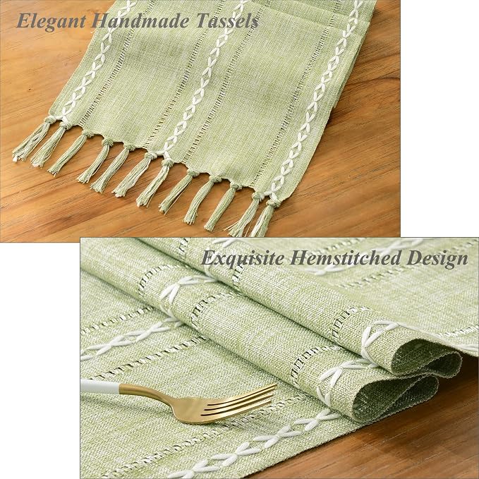 Wracra Rustic Linen Table Runner, Sage Green Table Runners 60 inches Long | - Image 2