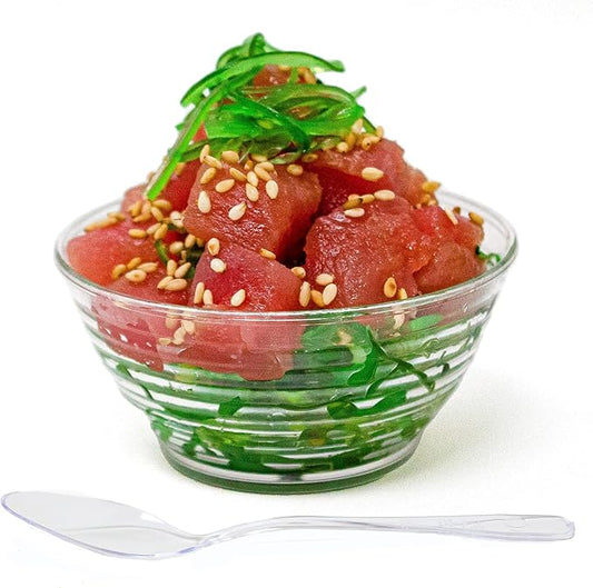 50 Pack 3 oz. Asian-Style Clear Mini Plastic Bowl With Spoons | Appetizer Bowls and Disposable Dessert Bowls | Professional-Grade Recyclable Mini Dessert Cup for Appetizers | CMJJ