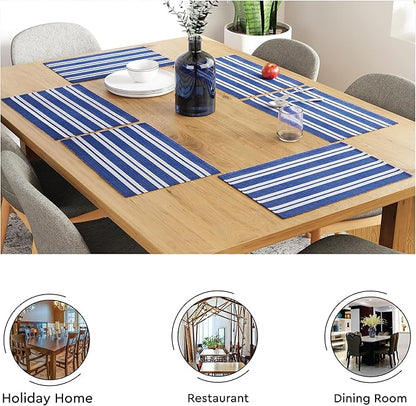Encasa XO Dining Placemat Set of 6 | Franca Blue Stripes Color | Fine Ribbed Cotton Table mat | Size 19x13 in | Machine Washable