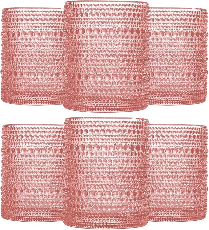 JOVGANK Pink Vintage Hobnail Drinking Glasses Set of 6, Embossed Water Tumbler by JOVGANK
