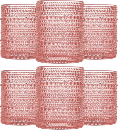 JOVGANK Pink Vintage Hobnail Drinking Glasses Set of 6, Embossed Water Tumbler by JOVGANK