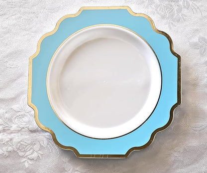" OCCASIONS " 50 Plates Pack (25 Guests)-Heavyweight Wedding Party Disposable Plastic Plate Set -(25x10.5'' Dinner + 25x8'' Salad/dessert (Imperial Aqua/Gold)