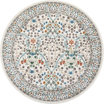 GarveeHome Beige Ivory Floral 6 ft Round Rug Washable Non-Slip Soft Low Pile Circle Carpet Vintage Rugs for Kitchen Bedroom Nursery Dining Living Room