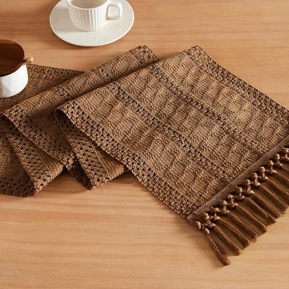 Macrame Style Boho Table Runner, 12x36 Inch Caramel | Woven Boho Table Runner by ZEEMARTONLINE