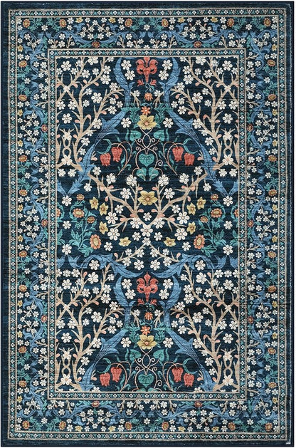 GarveeHome Floral 3x5 Area Rugs for Entryway, Washable Kitchen Rug Non Slip, Low Pile Bedroom Rug, Ultra Soft Stain Resistant Small Carpet for Laundry Room, Dark Blue