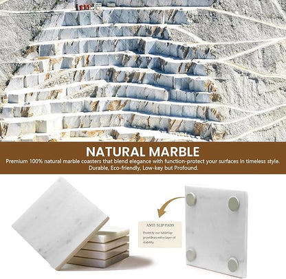 Natural Marble Coasters, Square Costers, Luxury Aesthetic Modern Decor for Coffee Table Bar Kitchen Home, White Marble, Real Natural Semi Absorbent Stone Coasters