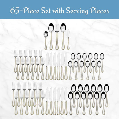 Mikasa, Gold Accent Regent Bead Flatware Service for 12, 65 Piece Set, 18/10 Stainless Steel, Silverware Set with Serving Utensils (Pack of 2)