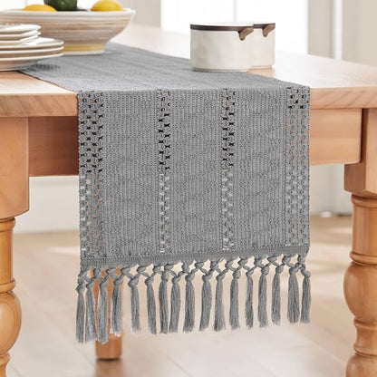 Macrame Style Boho Table Runner, 12x72 Inch Light Blue Grey | Woven Boho Table - Image 7
