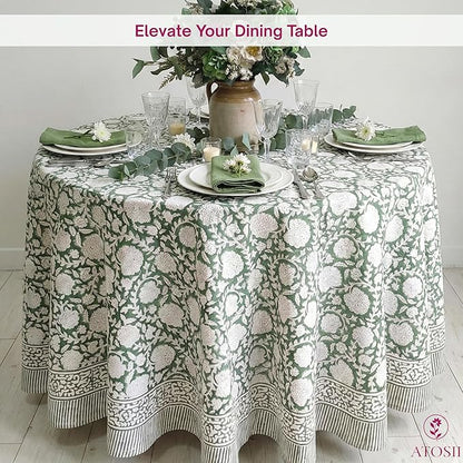 ATOSII Shalimar Green 100% Cotton Round Boho Fall Tablecloth, Handblock Floral Table Cloth Linen for Kitchen Dining I Parties Wedding Outdoors Christmas Thanksgiving I Fall Home Decor 60" Inches Round