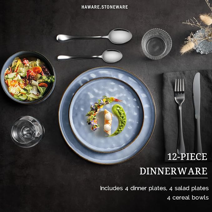 HaWare Dinnerware Sets, 12-Piece Plates and Bowls Set, Reactive Blue | - Image 3