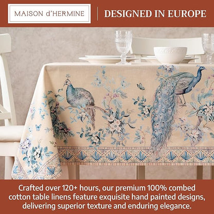 Maison d' Hermine Premium Table Cloth Rectangle Table 100% Combed Cotton 140 x 70 Inches Tablecloth Reusable Decorative for Dining Room, Home, Party, Festive & Wedding - Peacock Utopia - Sandy Beach
